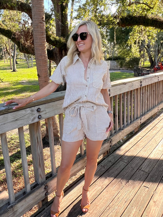 Noah Striped Button Up Top & Short Set in Taupe & White