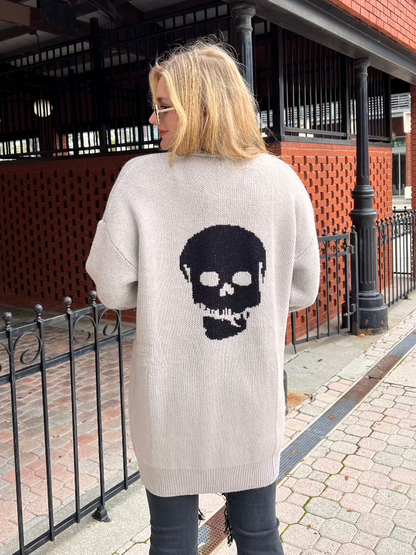 Gaspar Grey Sweater Cardigan with Black Skull on Back