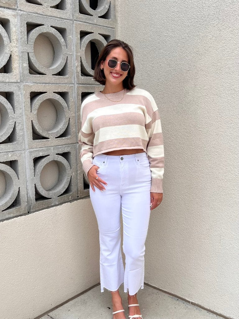 SELENA STRIPED CROPPED SWEATER IN TAUPE & IVORY