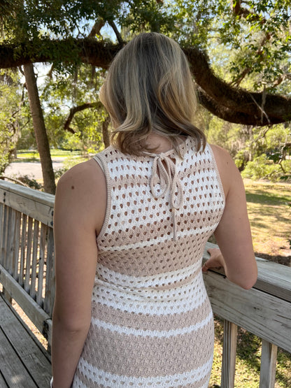 Alix Striped Crochet Fringe Dress in Taupe & White