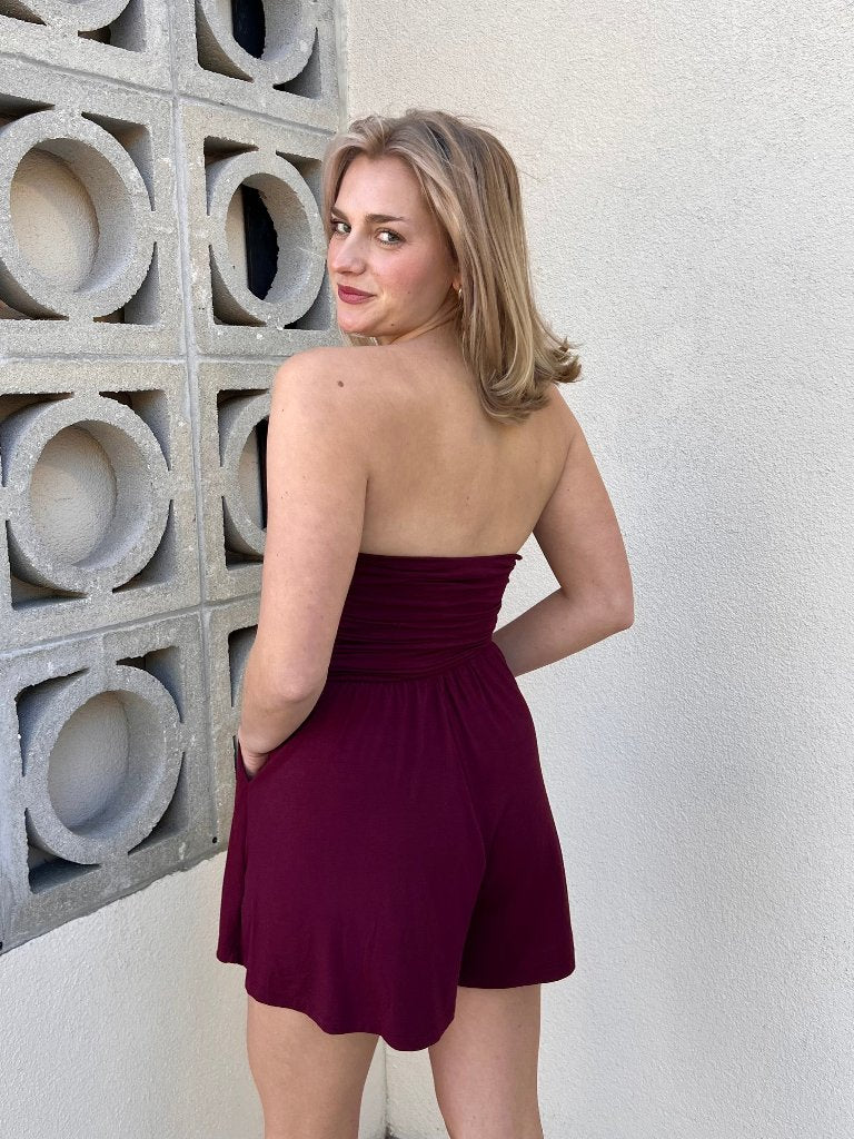 HALEY STRAPLESS ROMPER IN GARNET