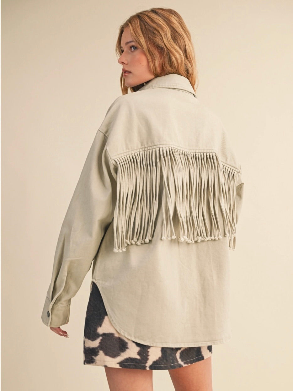Asher Oversized Fringe Denim Jacket in Sand