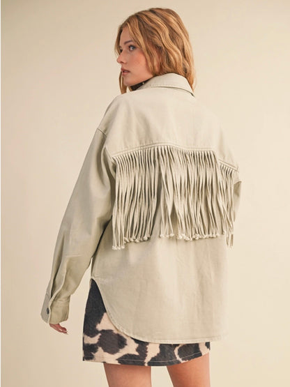 Asher Oversized Fringe Denim Jacket in Sand