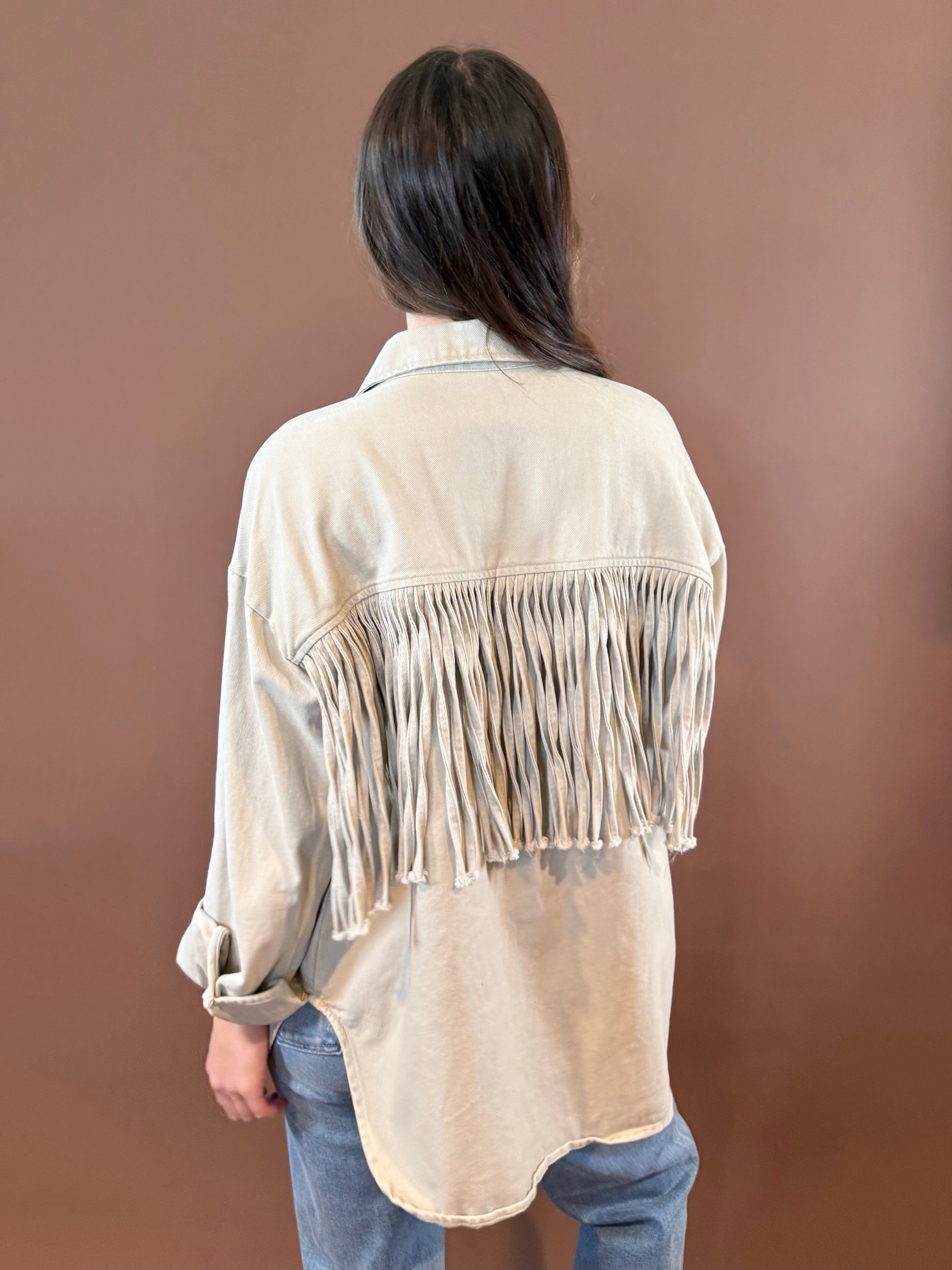 Asher Oversized Fringe Denim Jacket in Sand