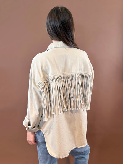 Asher Oversized Fringe Denim Jacket in Sand