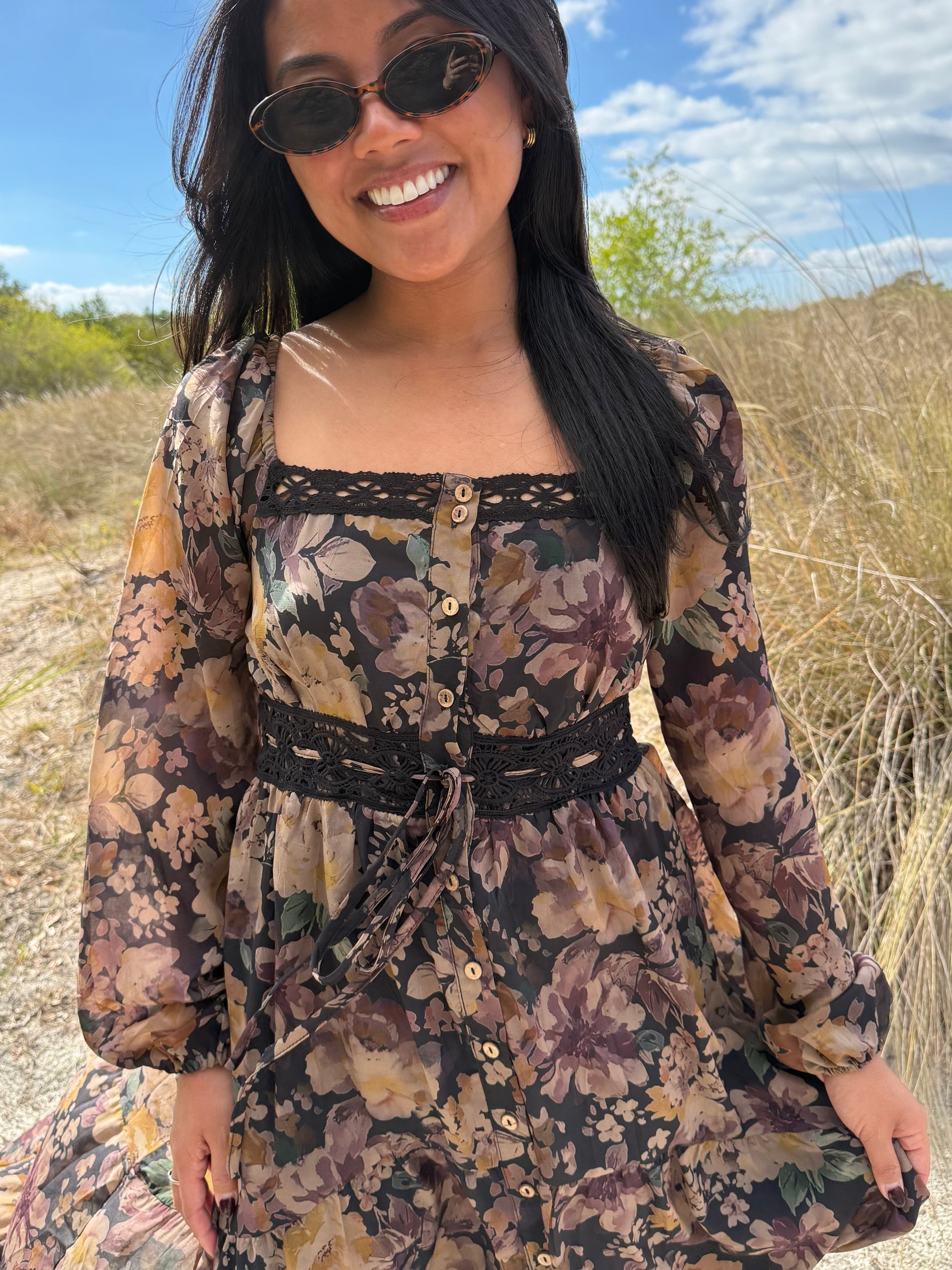 Ophelia Floral Lace Long Sleeve Maxi Dress in Brown