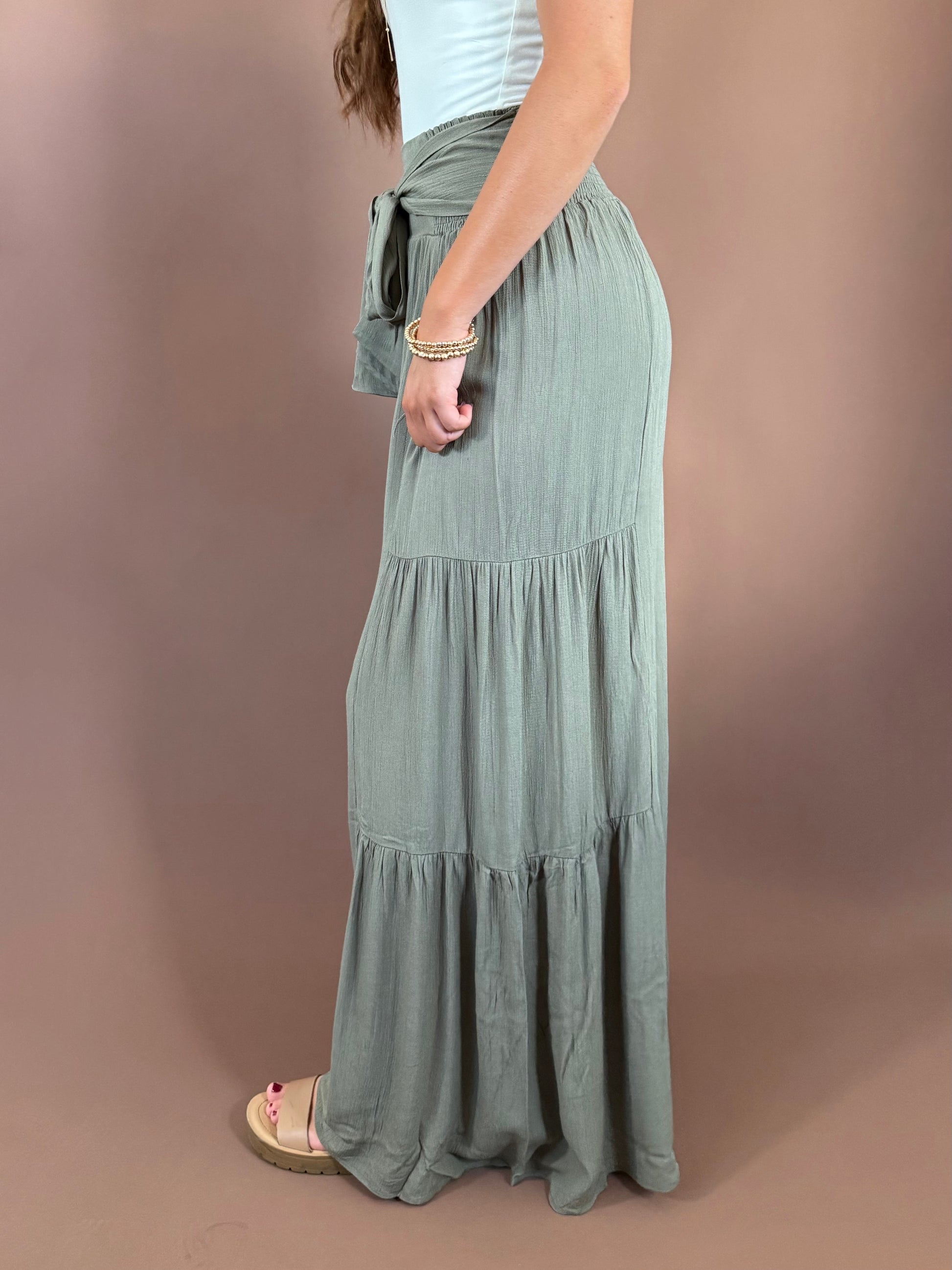 Delaney Front Tie Wide Leg Tiered Pants in Olive
