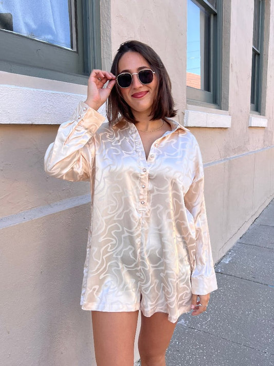 MIDNIGHTS PRINTED ROMPER IN CHAMPAGNE