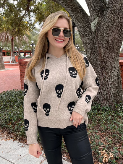 Pirate Tan Sweater Hoodie with Black Skulls