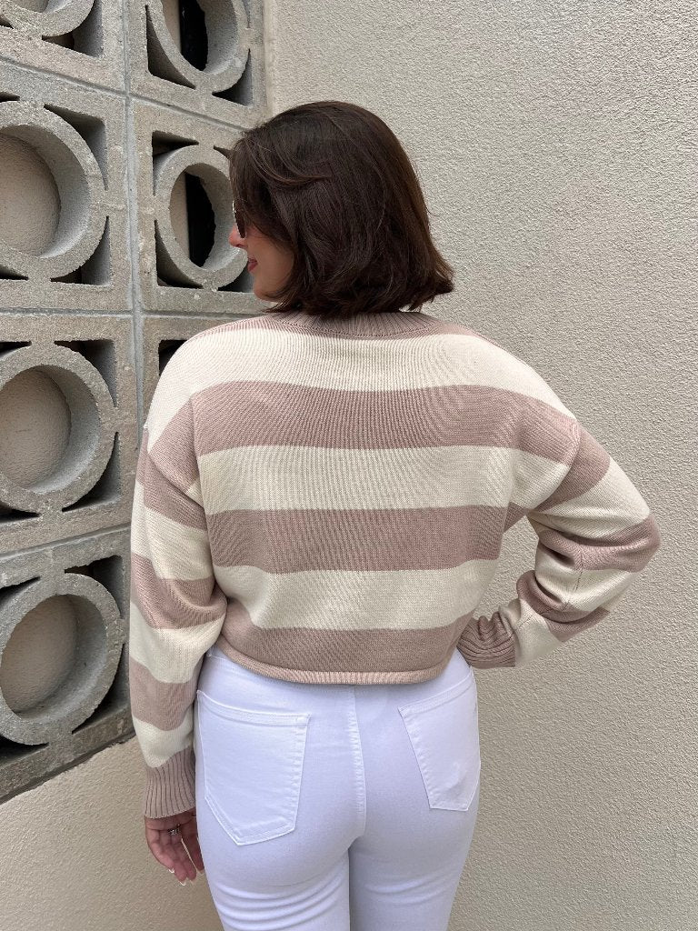 SELENA STRIPED CROPPED SWEATER IN TAUPE & IVORY