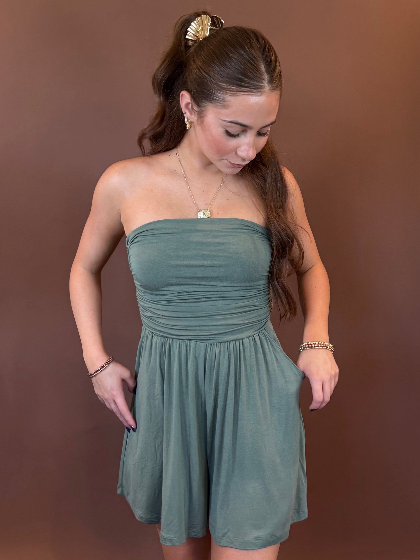 Haley Strapless Romper in Olive
