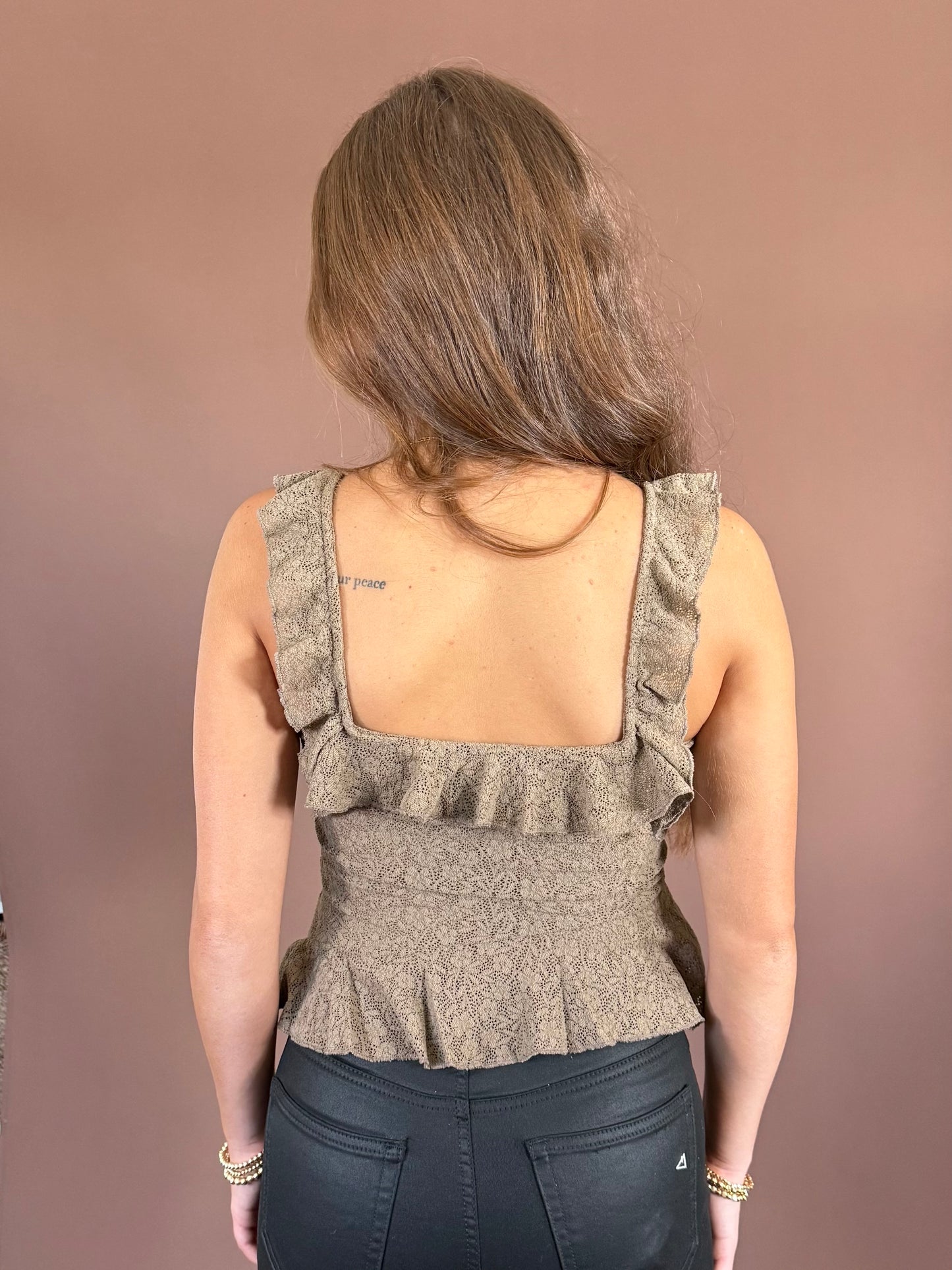 Cierra Asymmetrical Ruffle Sleeveless Lace Tank in Brown