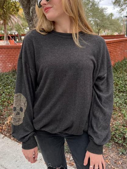 Arden Charcoal Crewneck Sweater with Stud Skull Detail