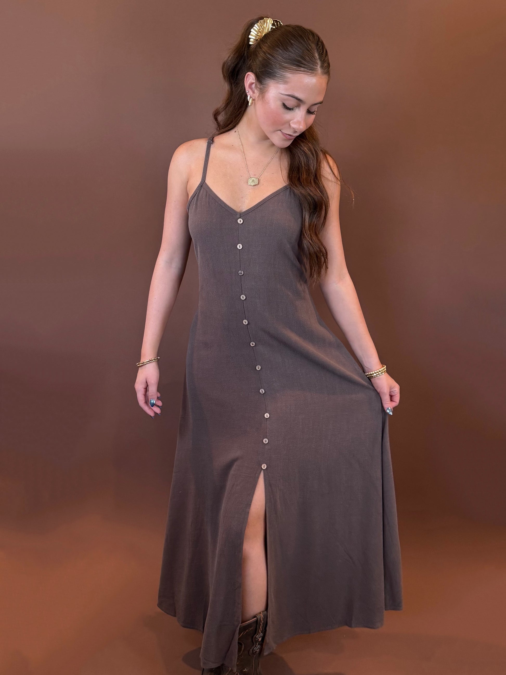 Chloe Sleeveless Maxi Dress in Chocolate Brown