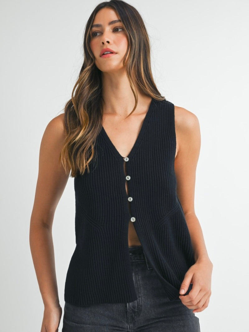 Miles Sleeveless Side Slit Sweater Vest in Black