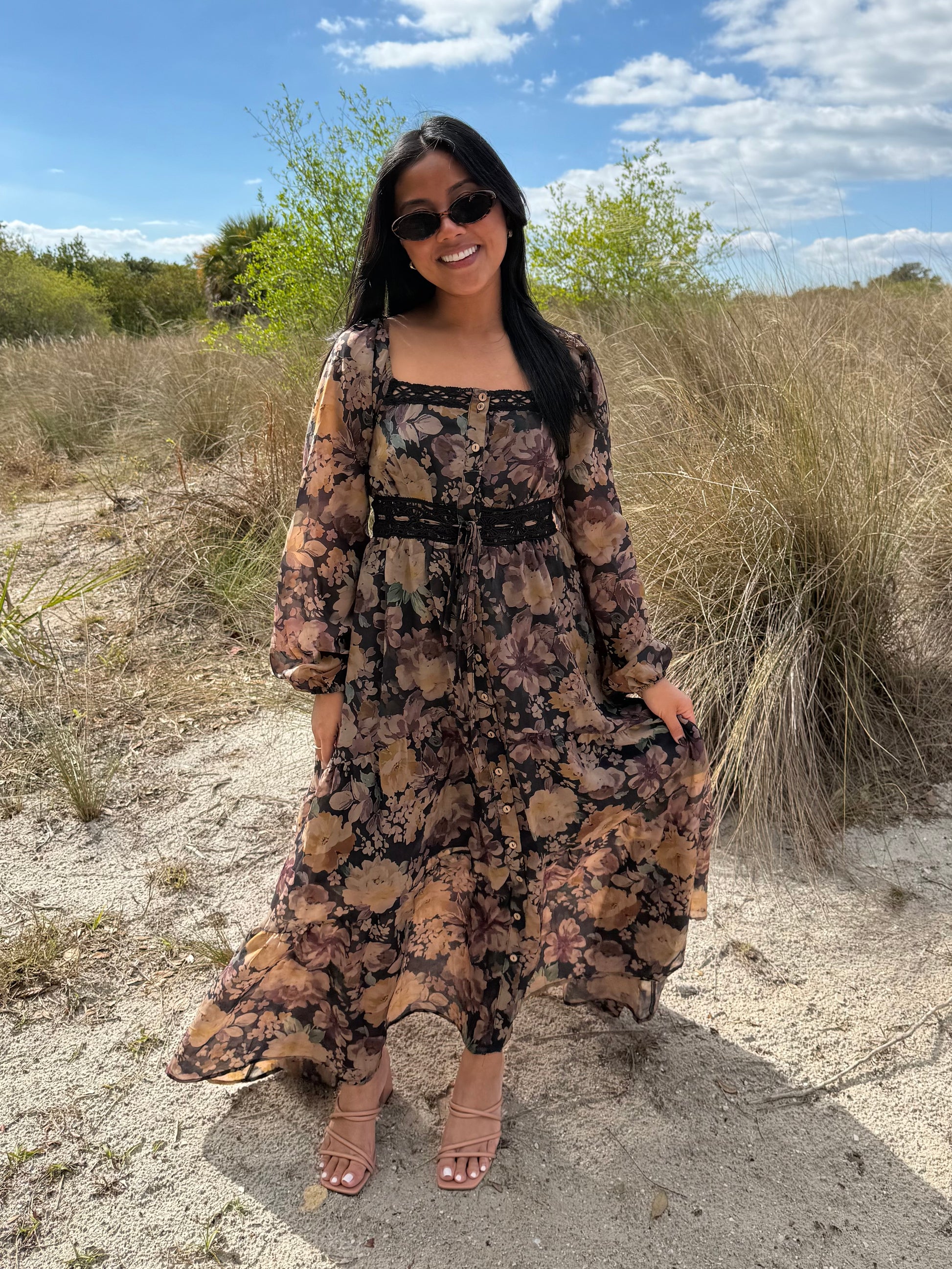 Ophelia Floral Lace Long Sleeve Maxi Dress in Brown