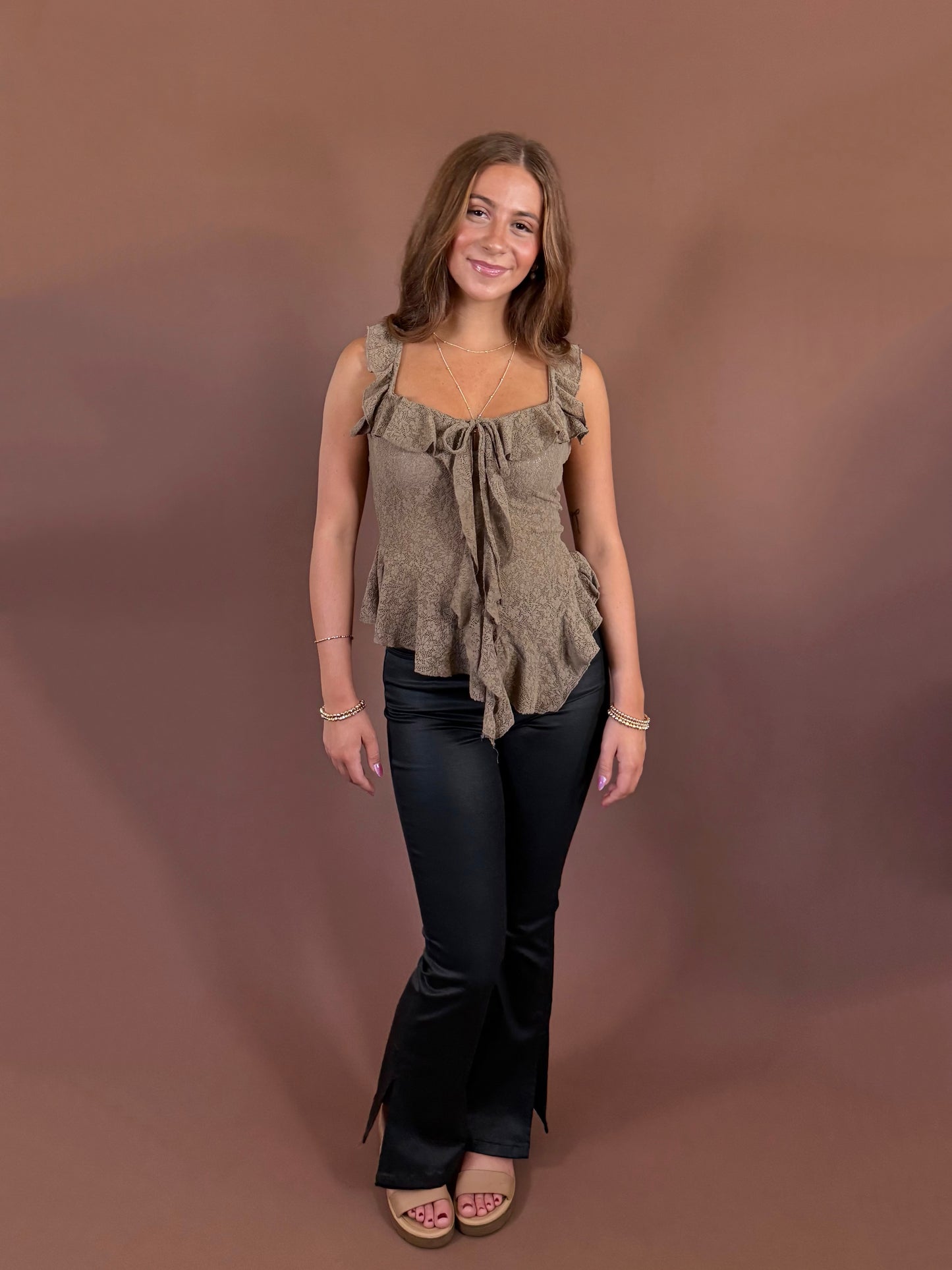 Cierra Asymmetrical Ruffle Sleeveless Lace Tank & Halsey Bootcut Coated High Waist Jeans in Black in Brown