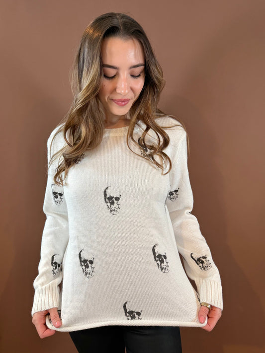 Ahoy Skull Long Sleeve Sweater in White