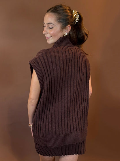Iris Sleeveless Turtleneck Oversized Sweater & Iris Sweater Mini Skirt in Chocolate Brown