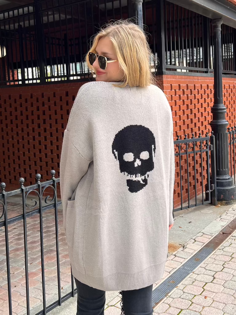 Gaspar Grey Sweater Cardigan with Black Skull on Back