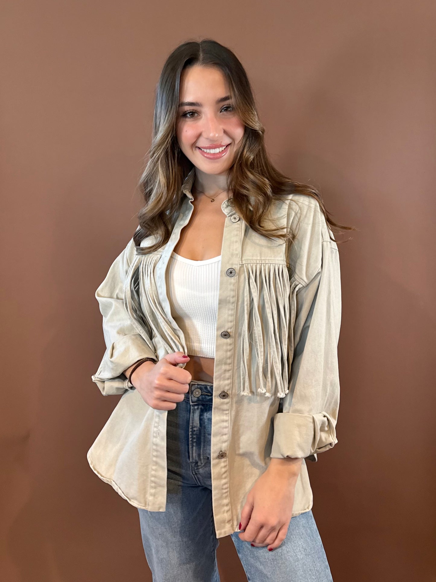 Asher Oversized Fringe Denim Jacket in Sand