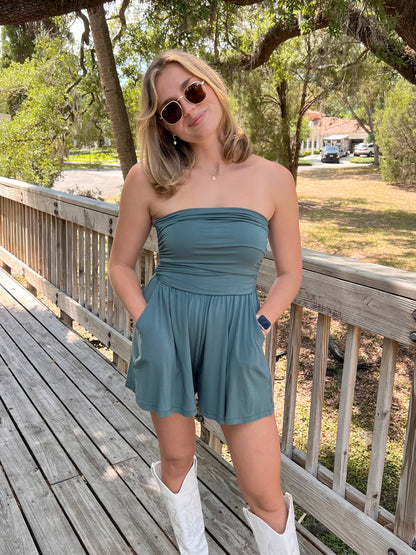 Haley Strapless Romper in Teal Green