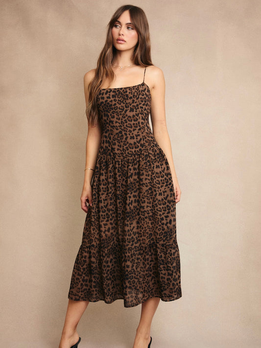 Sawyer Drop Waist Spaghetti Strap Maxi Dress in Leopard
