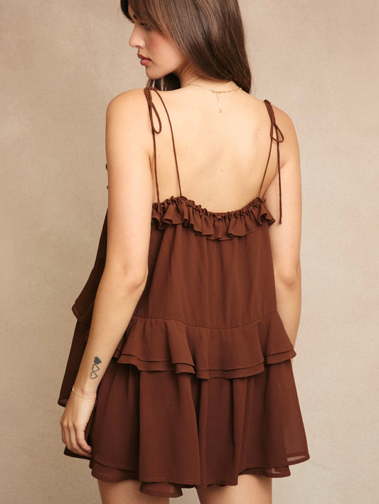Harper Ruffle Romper in Brown
