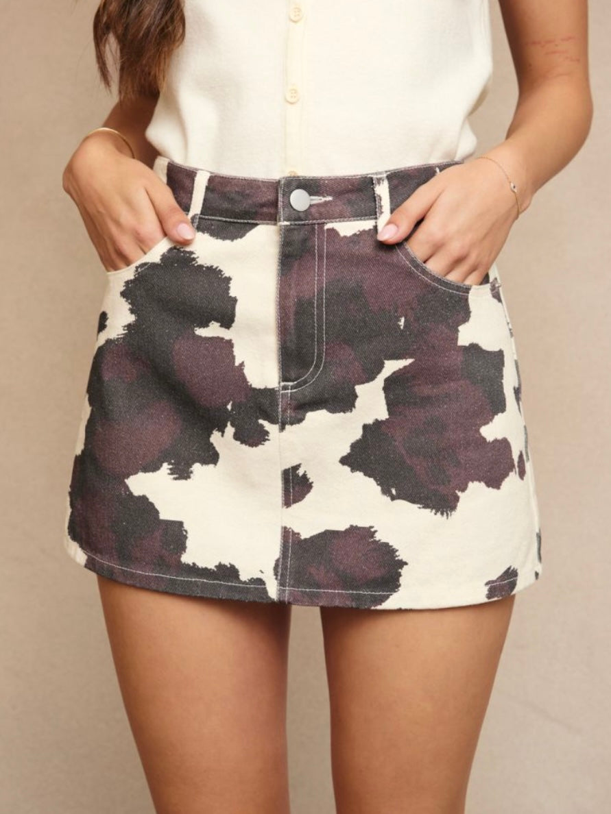 Carson Denim Mini Skirt in Cow Print