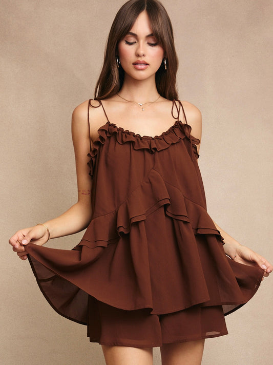 Harper Ruffle Romper in Brown
