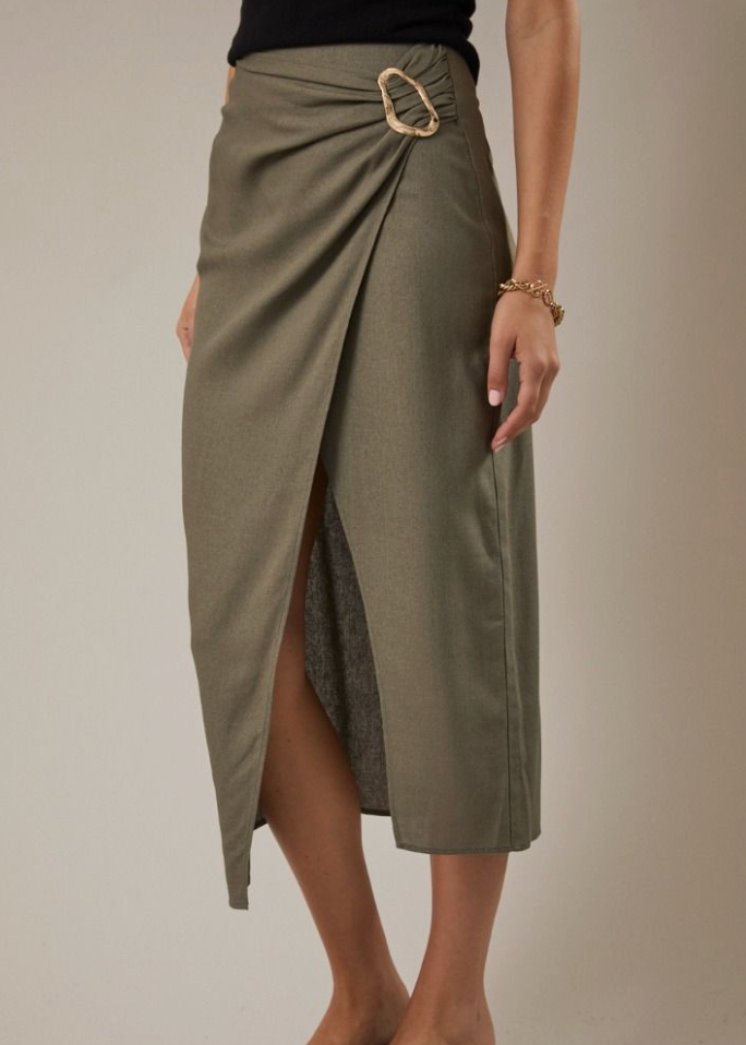 Celeste Side Slit Midi Skirt in Olive Green