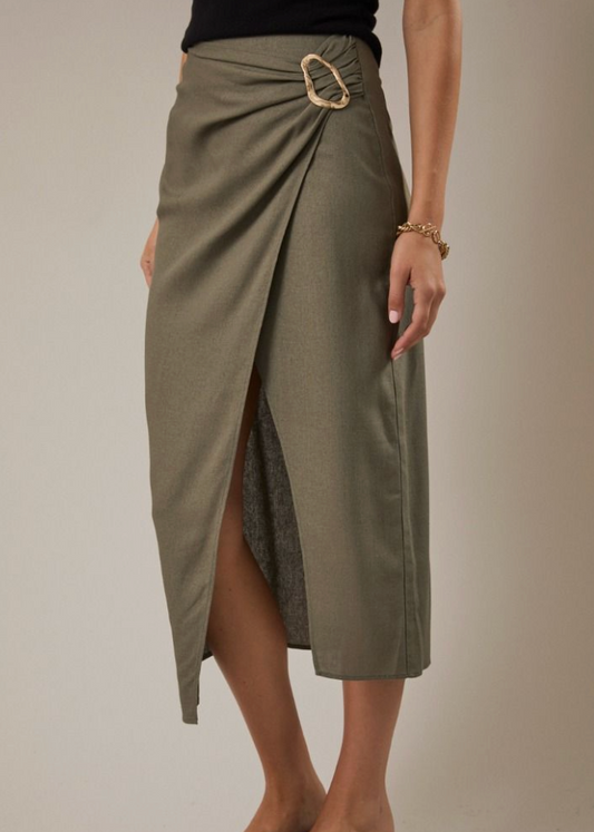 Celeste Side Slit Midi Skirt in Olive Green