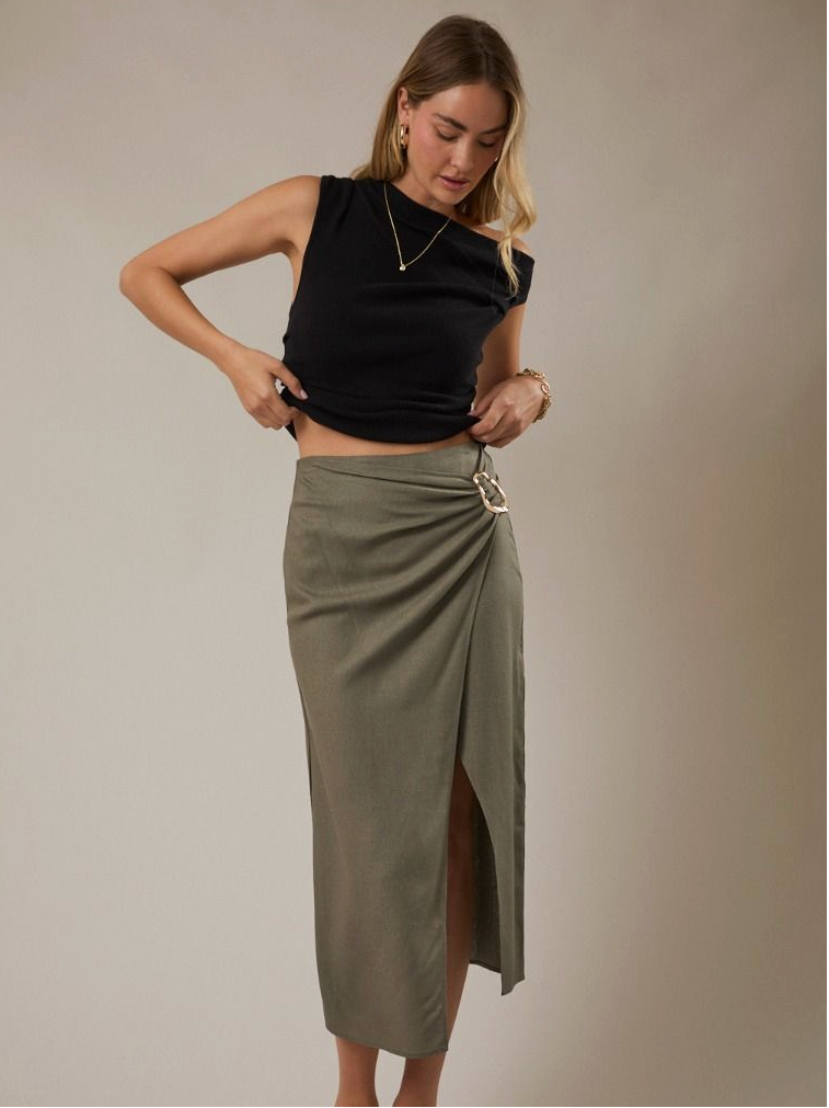 Celeste Side Slit Midi Skirt in Olive Green
