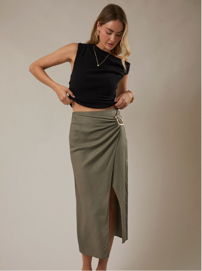 Celeste Side Slit Midi Skirt in Olive Green