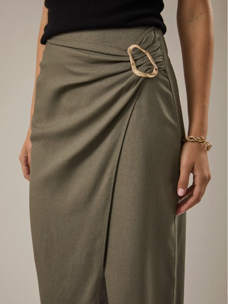 Celeste Side Slit Midi Skirt in Olive Green