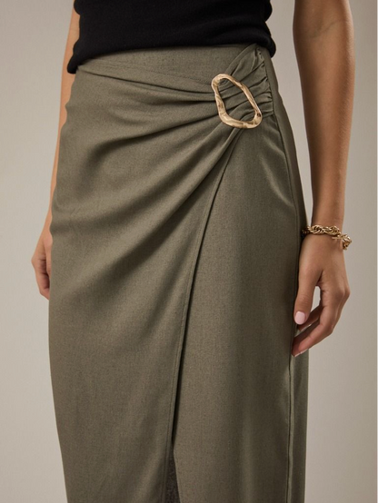 Celeste Side Slit Midi Skirt in Olive Green
