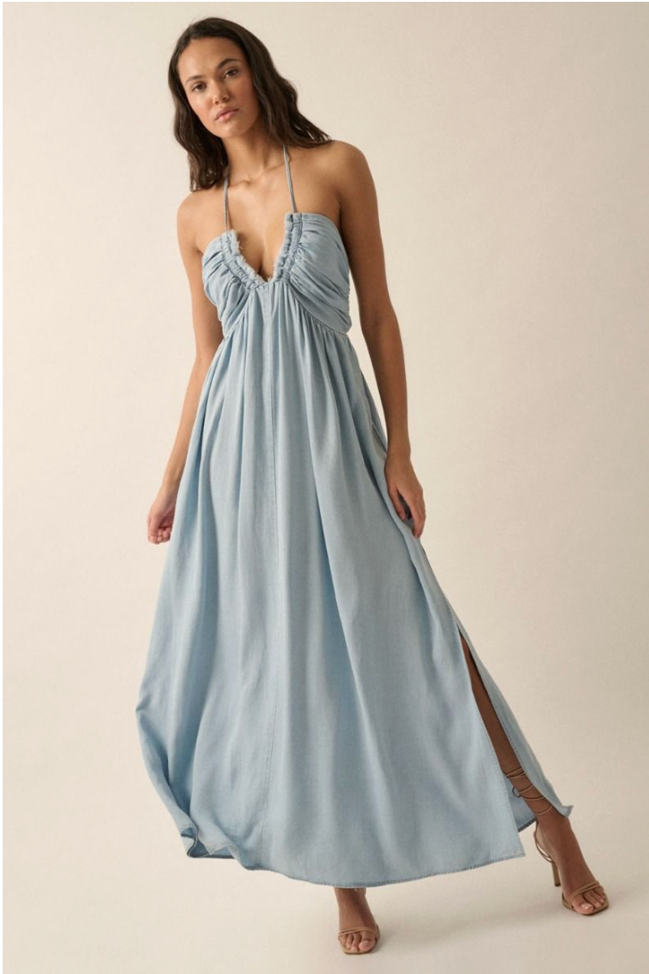 Savannah Halter Neck Open Back Flowy Maxi Dress in Denim