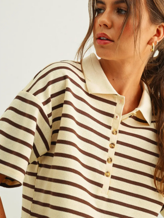 Hayes Striped Polo Top in Brown and Ivory
