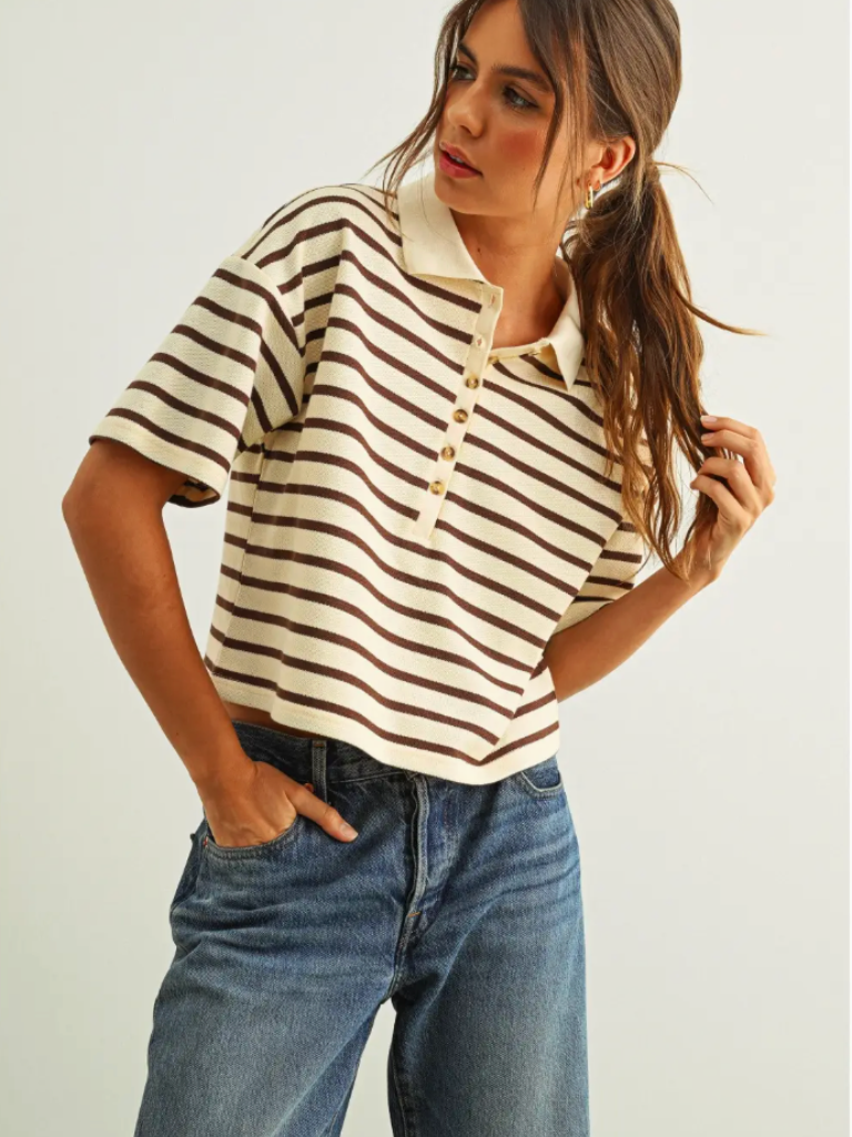 Hayes Striped Polo Top in Brown and Ivory