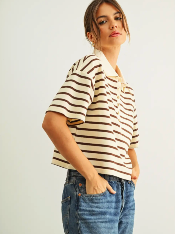 Hayes Striped Polo Top in Brown and Ivory