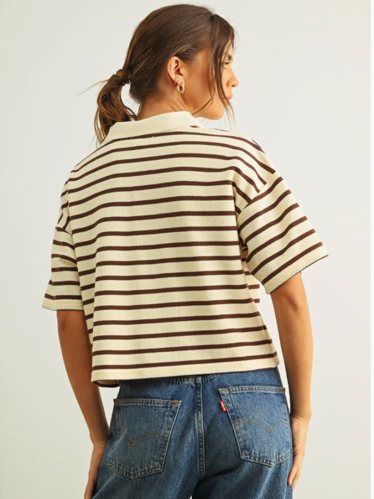 Hayes Striped Polo Top in Brown and Ivory