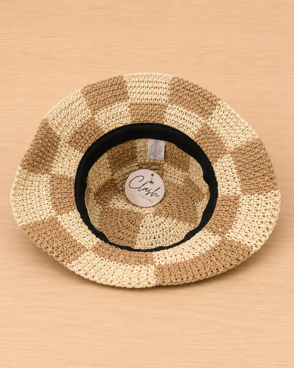 Faye Ivory & Tan Checkered Print Straw Bucket Hat