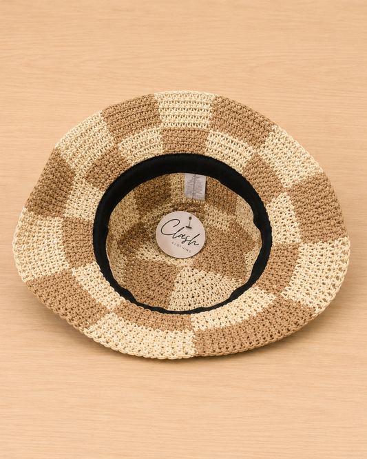 Faye Ivory & Tan Checkered Print Straw Bucket Hat