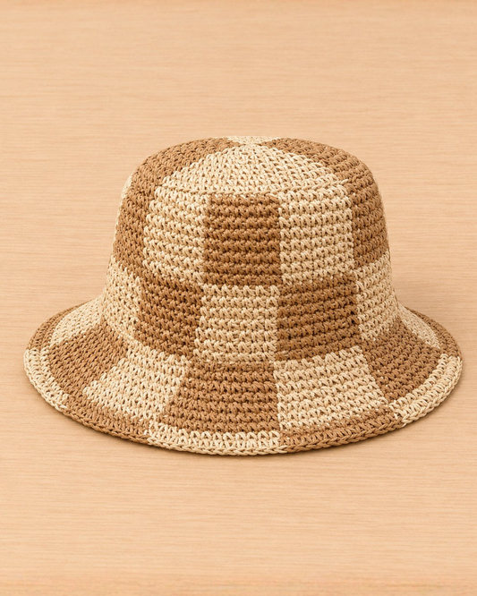 Faye Ivory & Tan Checkered Print Straw Bucket Hat