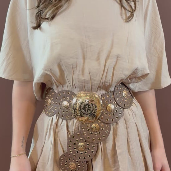 Ezra Large Disc Leather Grommet Belt in Brown & Gold