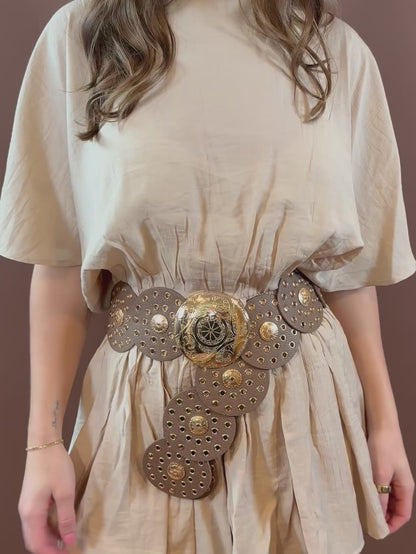 Ezra Large Disc Leather Grommet Belt in Brown & Gold