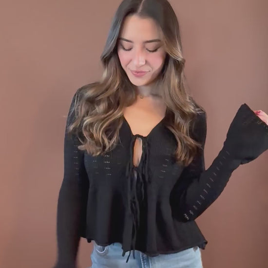 Lorelai Front Tie Bell Sleeve Peplum Sweater in Black
