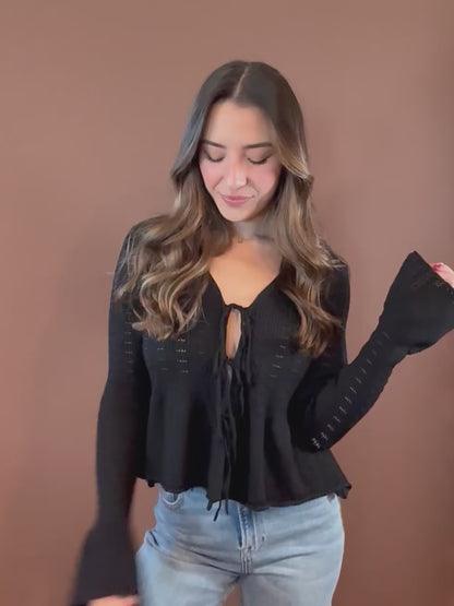 Lorelai Front Tie Bell Sleeve Peplum Sweater in Black