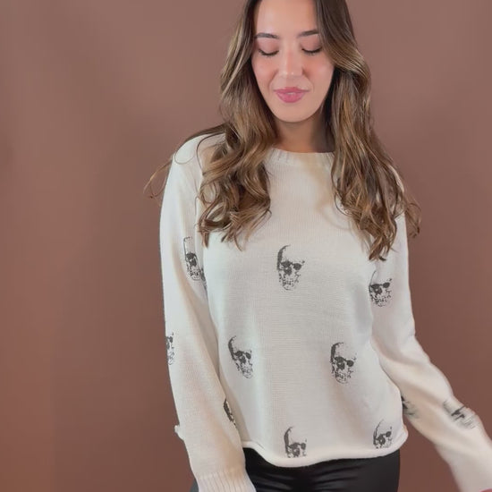 Ahoy Skull Long Sleeve Sweater in White
