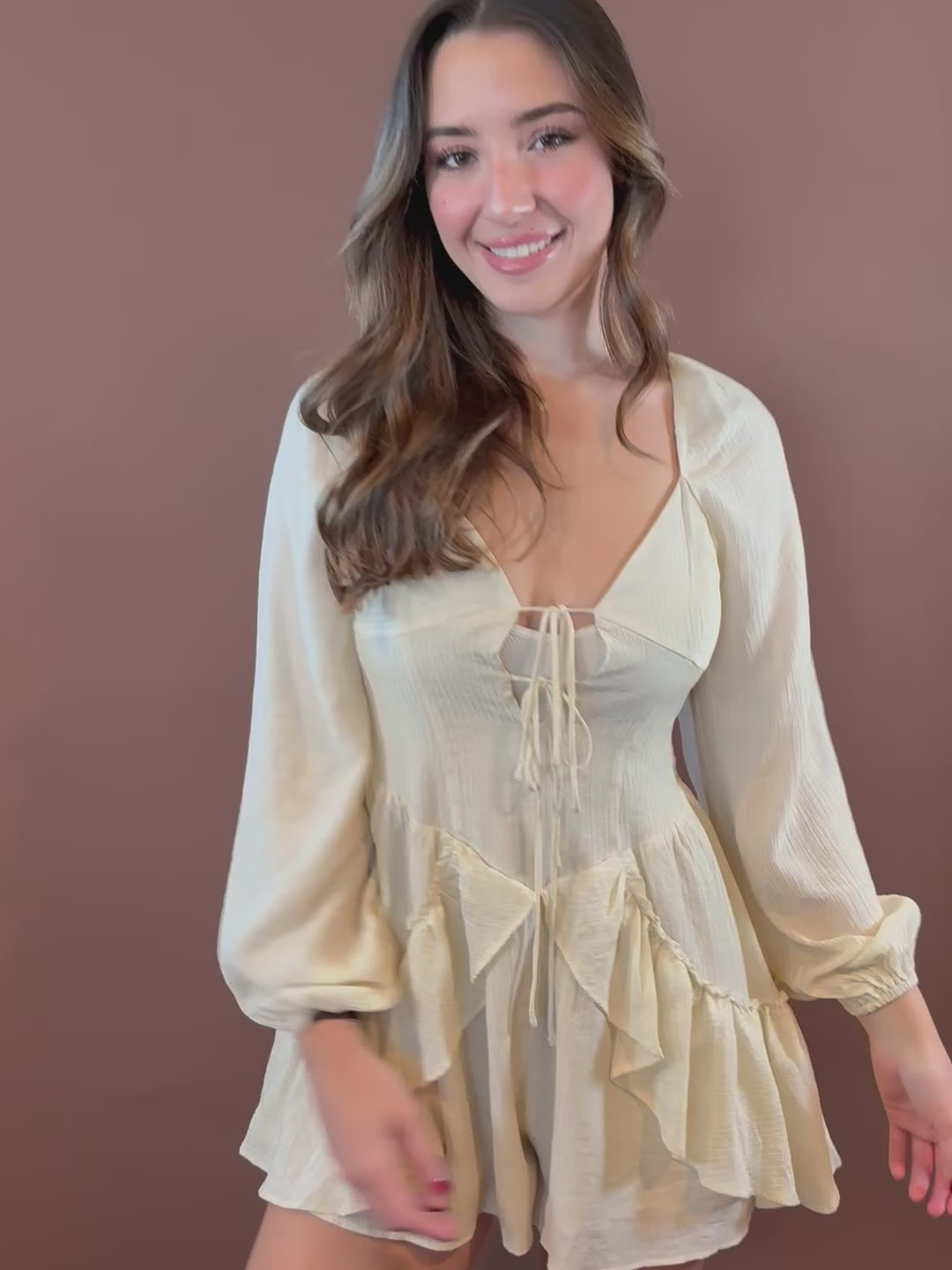 Gemma Long Sleeve Peasant Ruffle Romper in Oatmeal